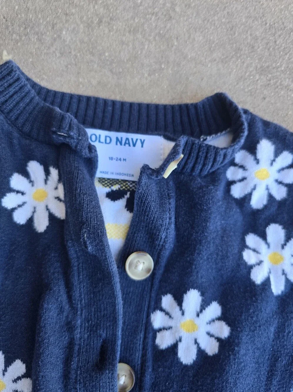 Old Navy Girl's Navy Daisy Knit Cardigan with White & Yellow Flower Accents